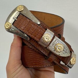 Vintage Brown Western Belt Lizard Grain Cowhide Leather Mixed Metal Buckle M/L